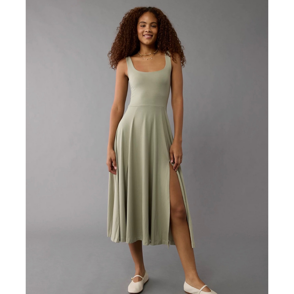American Eagle Olive Green Scoop Neck Midi Dress With Slit - Picture 2 of 4
